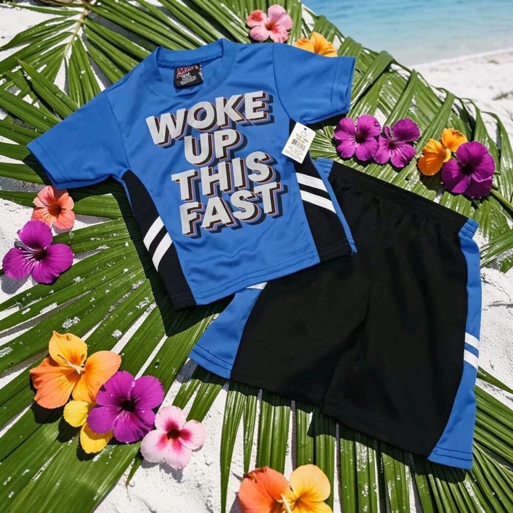 Mad Game Baby Boy's 'Woke Up This Fast' Active Outfit Set Blue Black Shorts Tee